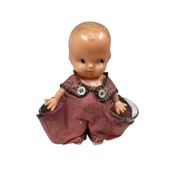 Vintage Irwin Kewpie Doll with Overalls and Glass Cups in Pockets - Picture 1 of 10